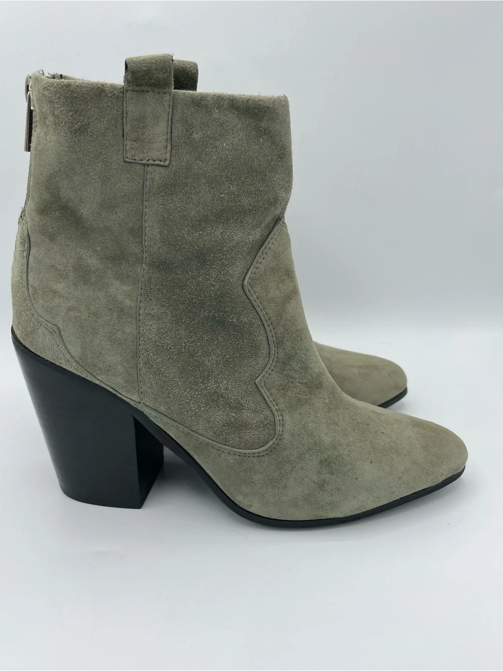 RAYE Olive Suede Ankle Booties with Block Heel
